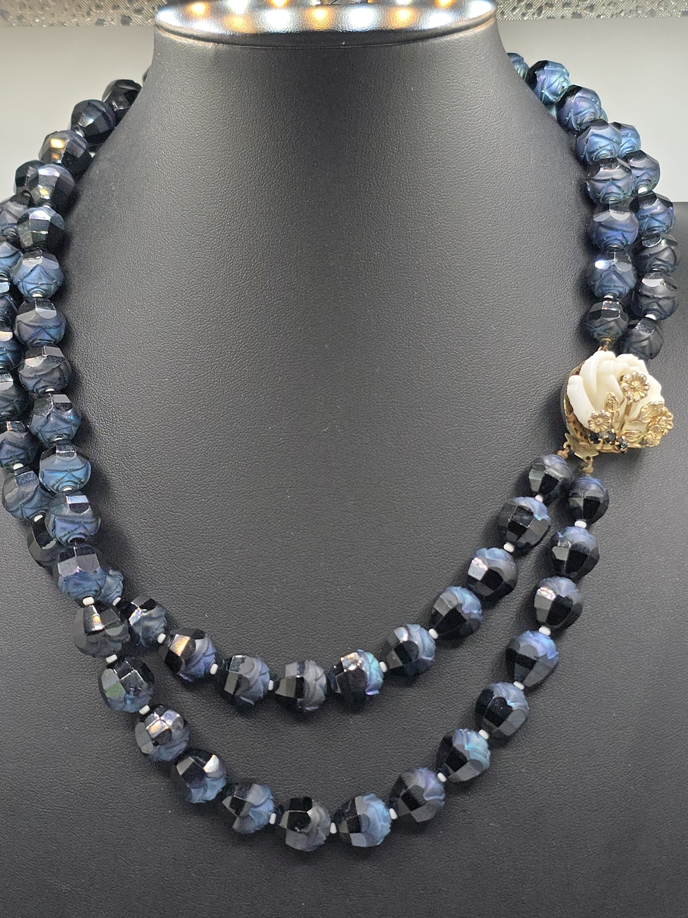 VTG Glass Bead Double Strand Necklace Blue Iridescent Molded  19" Floral Clasp
